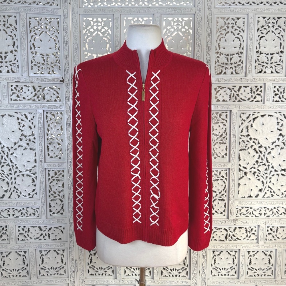St. John Sport Red Preppy Wool Blend Full Zip Cardigan Womens Small Luxury